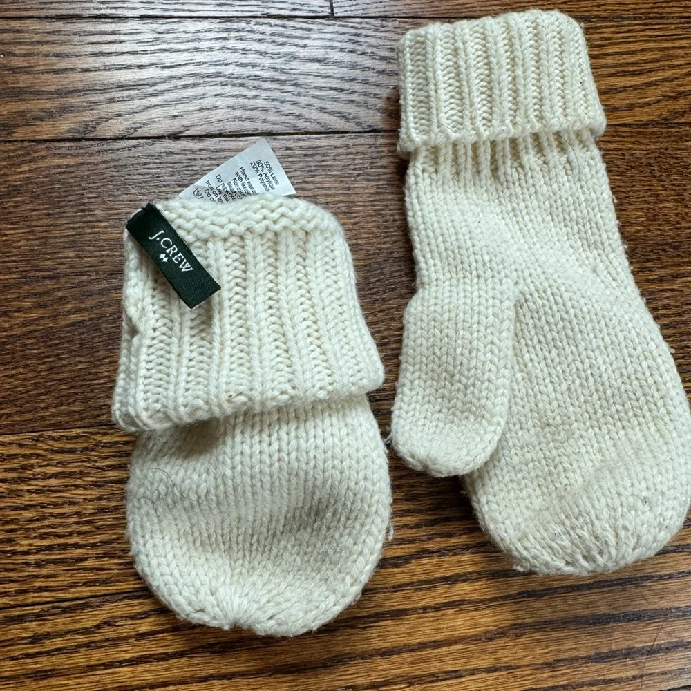 J.Crew Cream Knit Wool Mittens Fold Over Cuff Winter Gloves